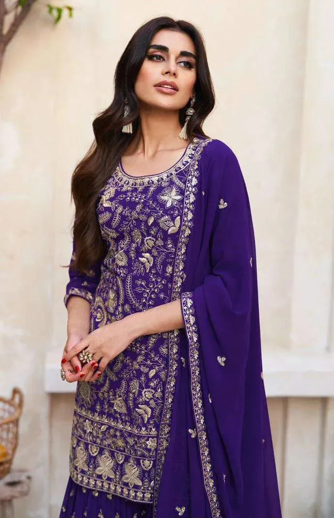 Charming Dark Purple Georgette Embroidered Sharara Suit