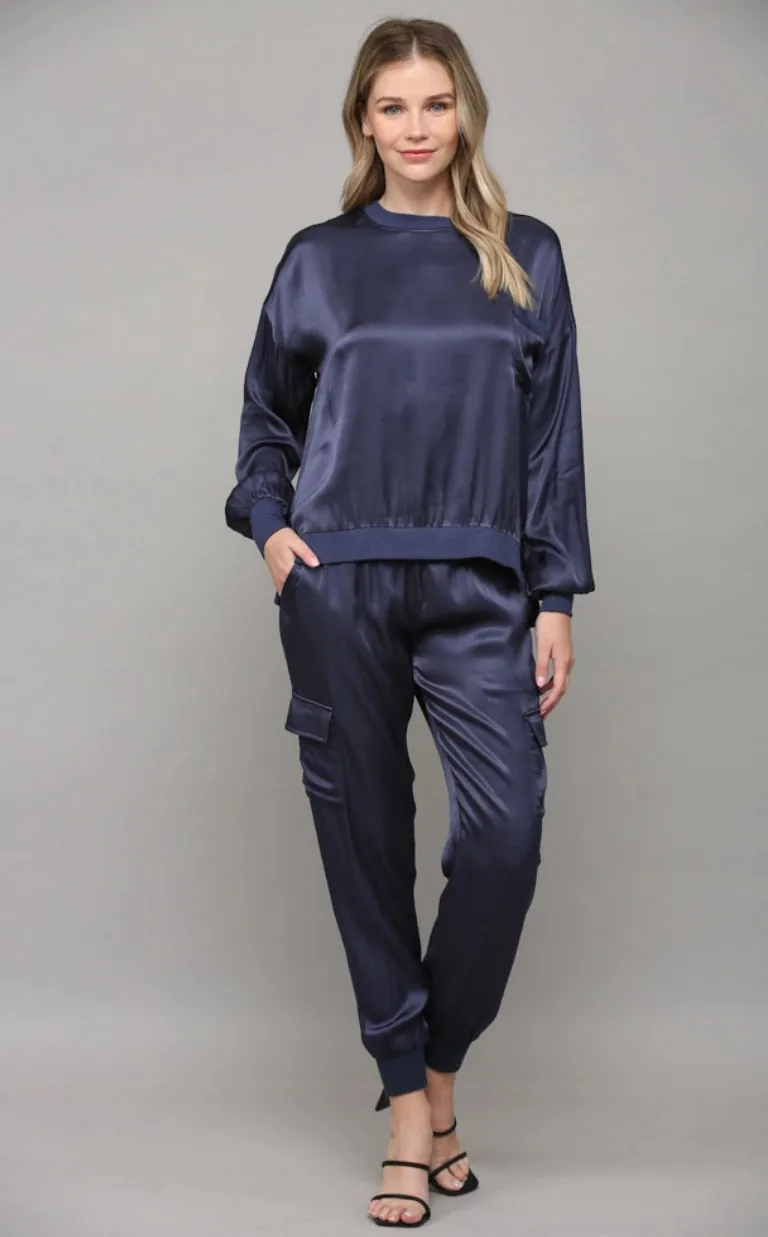 Contrast Ribbed Hem Round Neck Satin Top