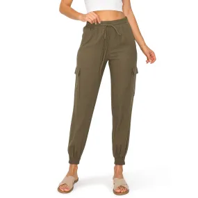 Drawstring Waist Linen Cargo Jogger Pants - Olive