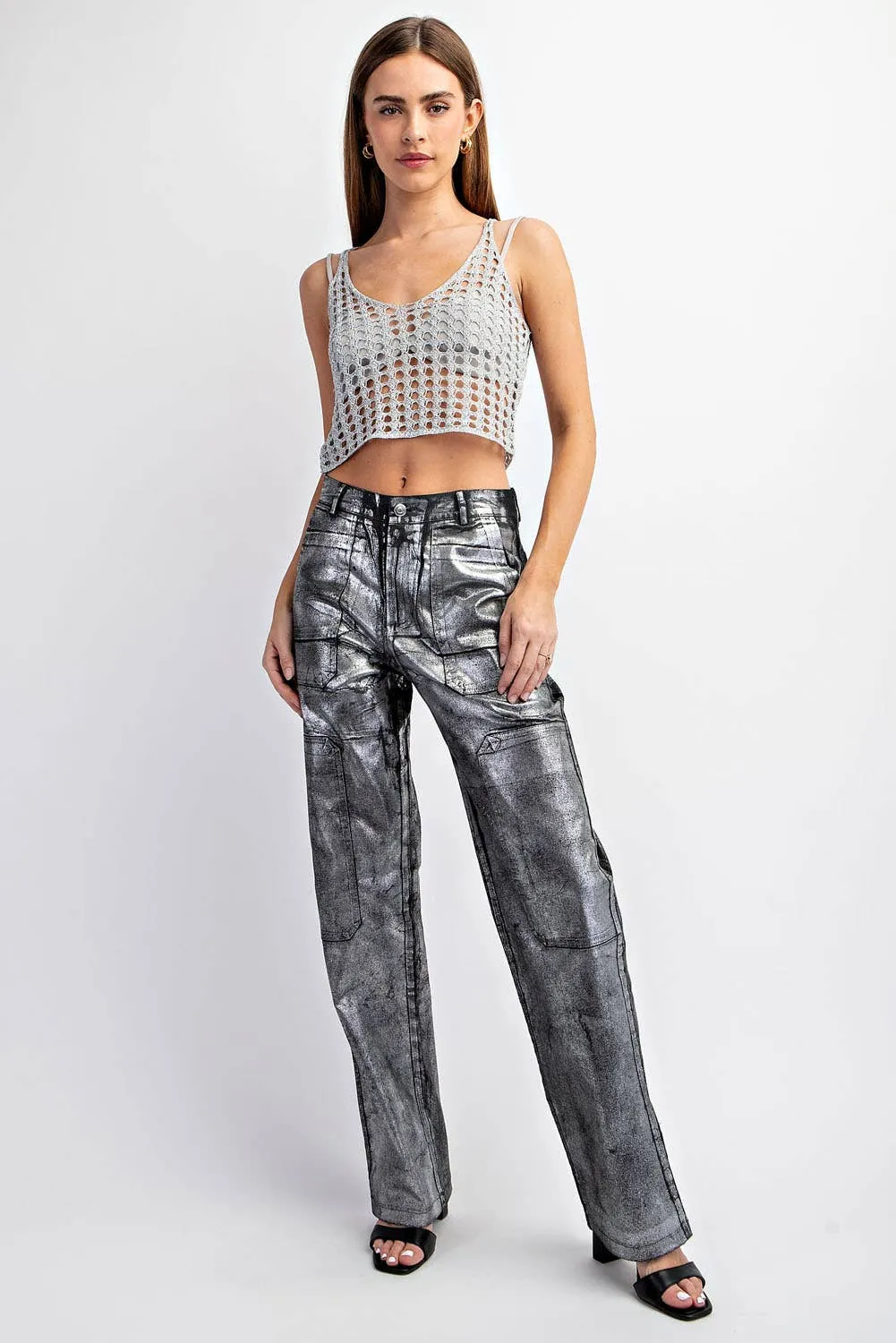 FOILED TWILL FABIC CONTRAST CARGO PANTS