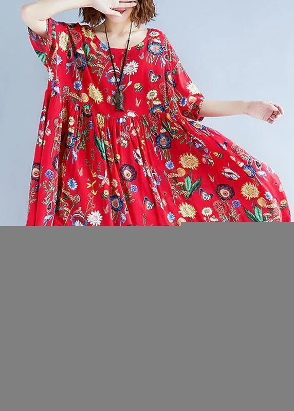 Simple red print cotton clothes For Women o neck Cinched Dresses summer Dresses