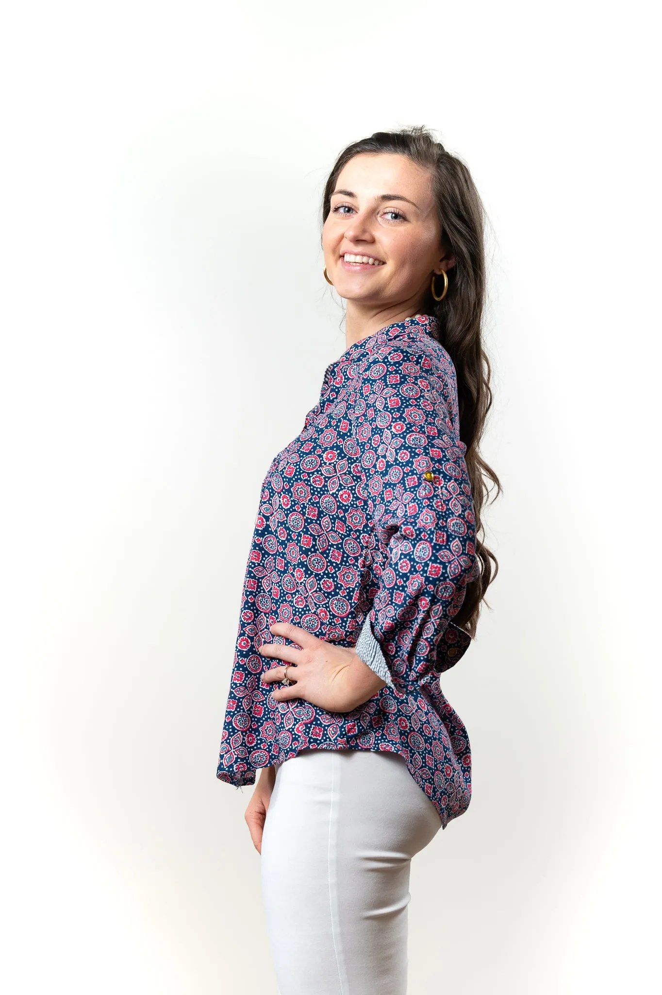 The Avery Button front Top in Navy and Raspberry