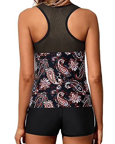 Two-Piece Athletic Tankini Swimsuits Racerback And Boyleg Bottoms-Black Tribal