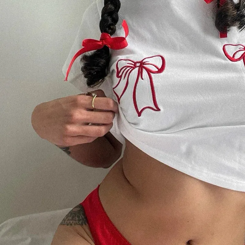 White Embroidered Red Charming Bow Crop Top