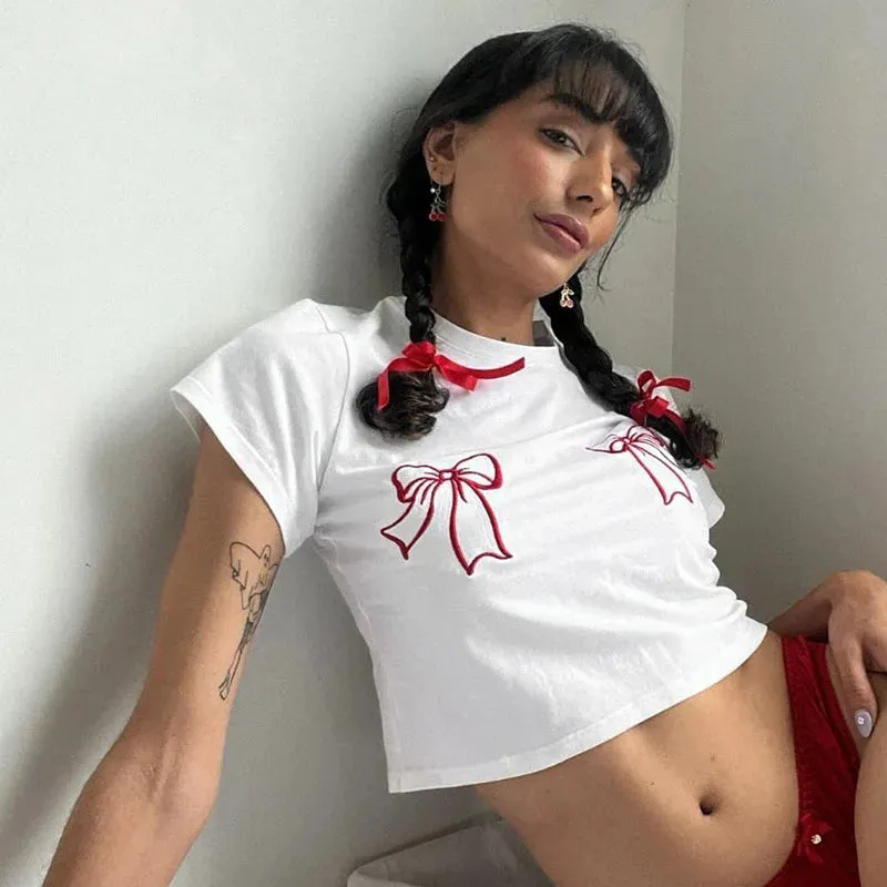 White Embroidered Red Charming Bow Crop Top