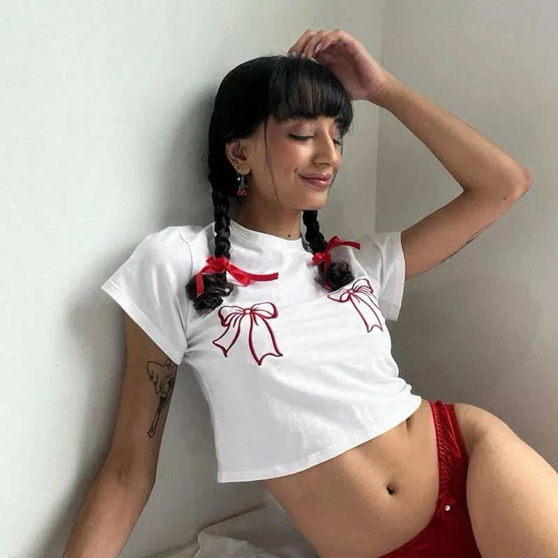 White Embroidered Red Charming Bow Crop Top