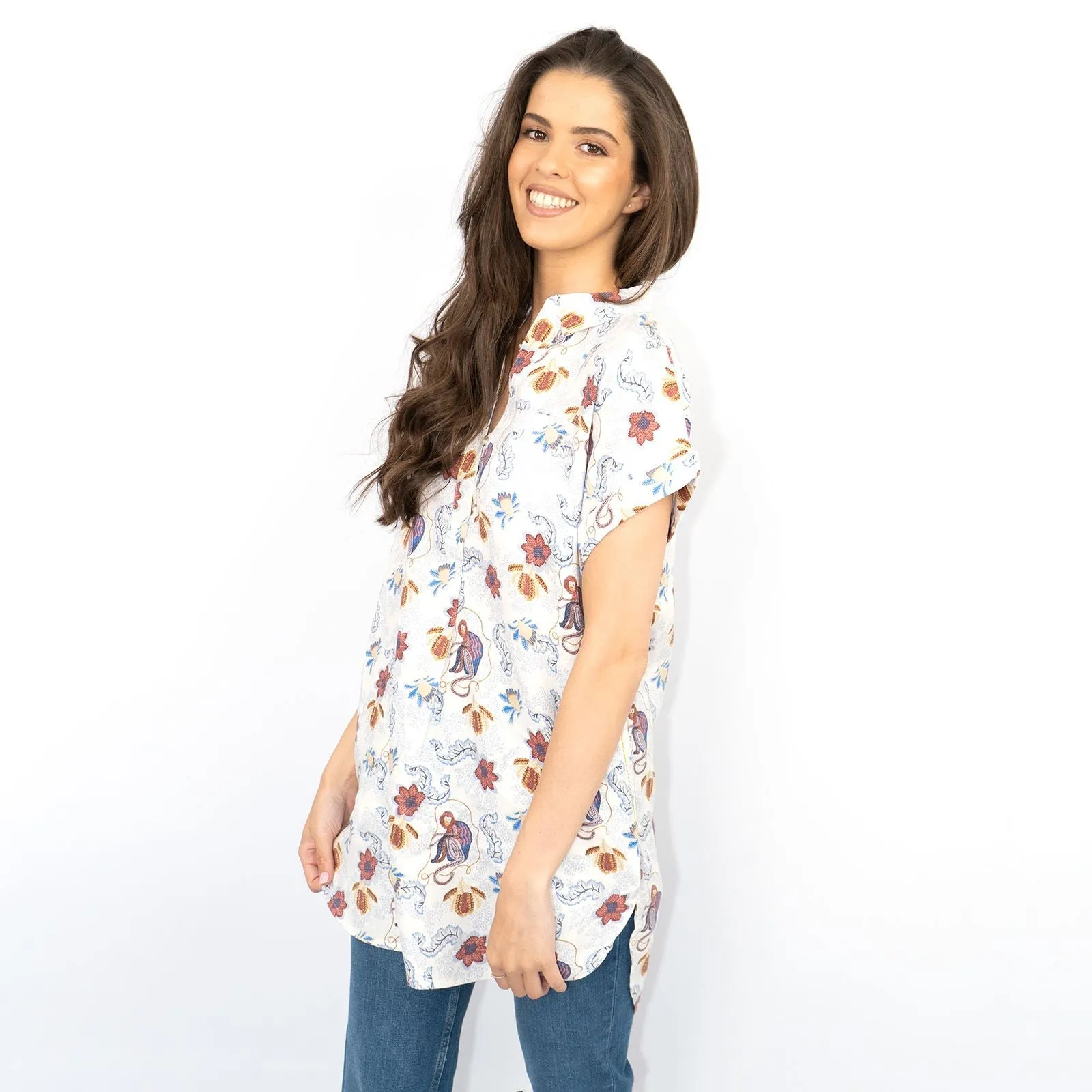 White Stuff Ivory Floral Print Billie Relaxed Linen Tunics Casual Longline Tops